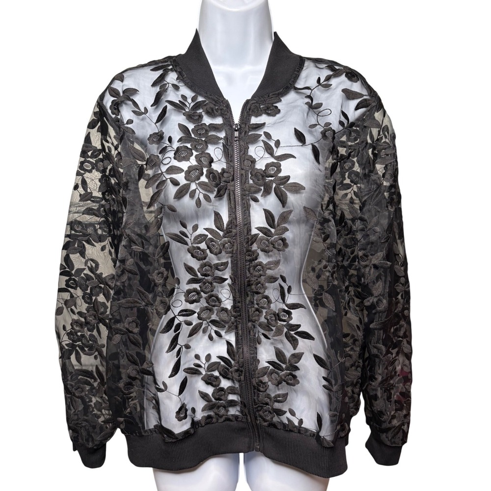 CHICO'S Womens Black Sheer Floral Embroidered Bomber Jacket Sz 2/L Coquette Chic